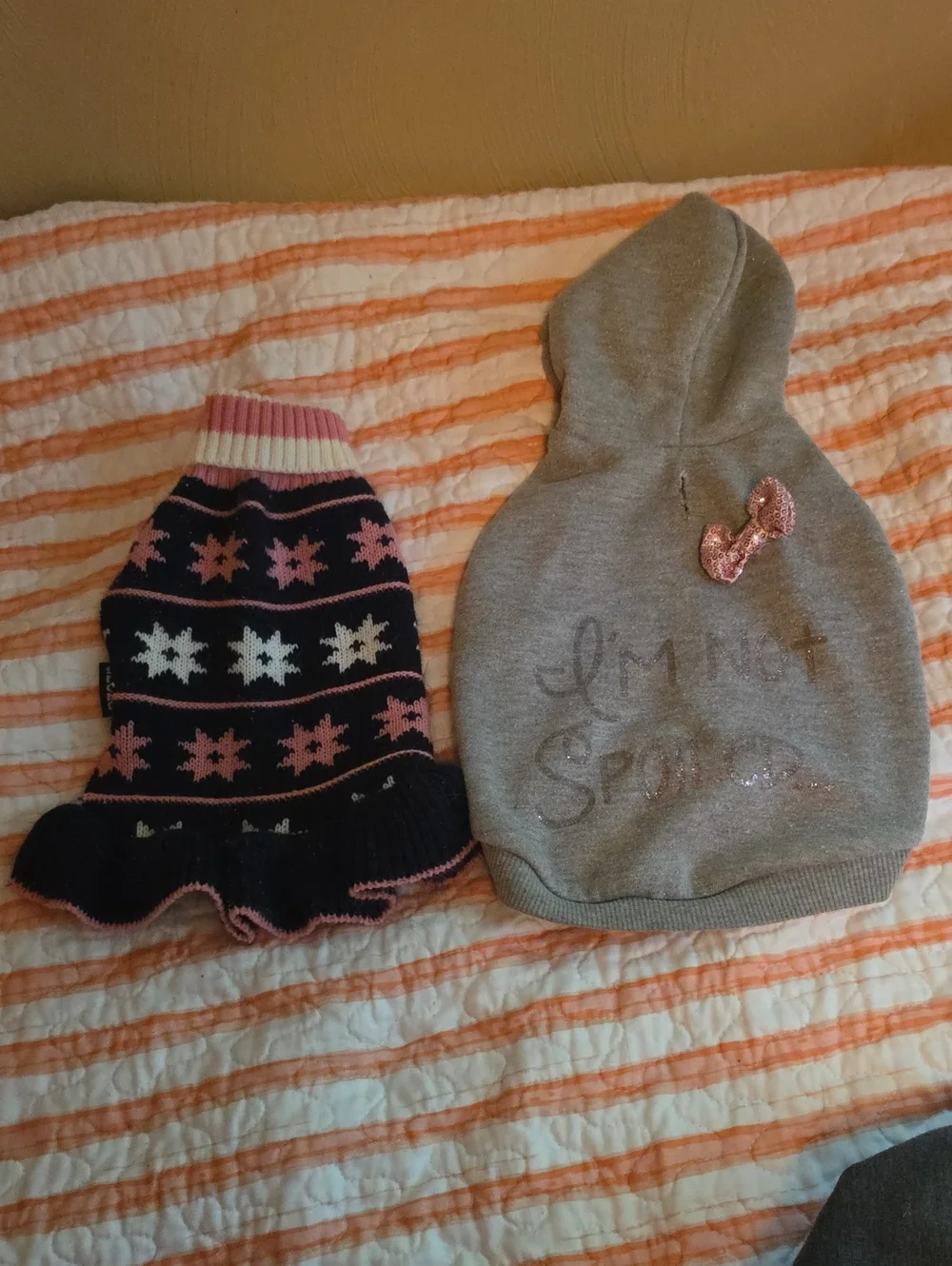 Gray Hooded Pet Sweater with Pink Sequin Bow + Navy Pink Knit Dress